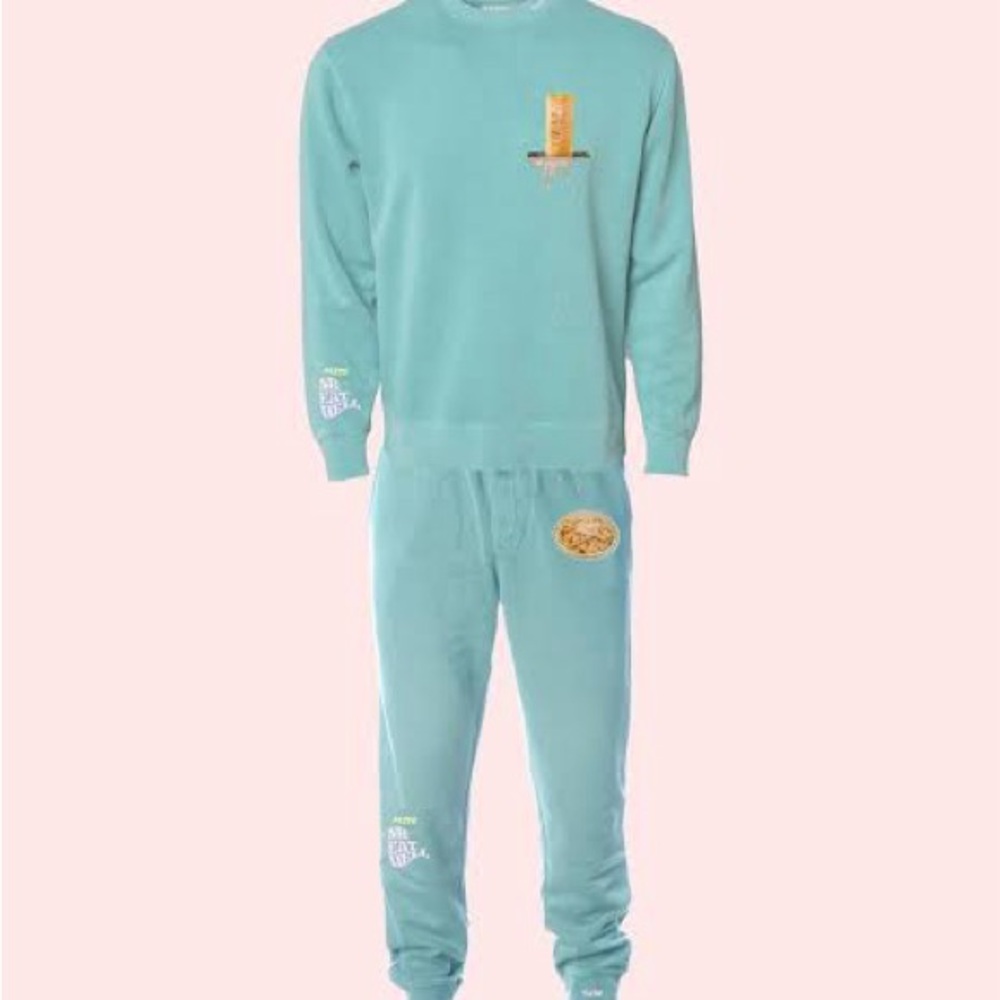 Mint Green crewneck and joggers Mr. Eat well and Heather mcmahan parm suit